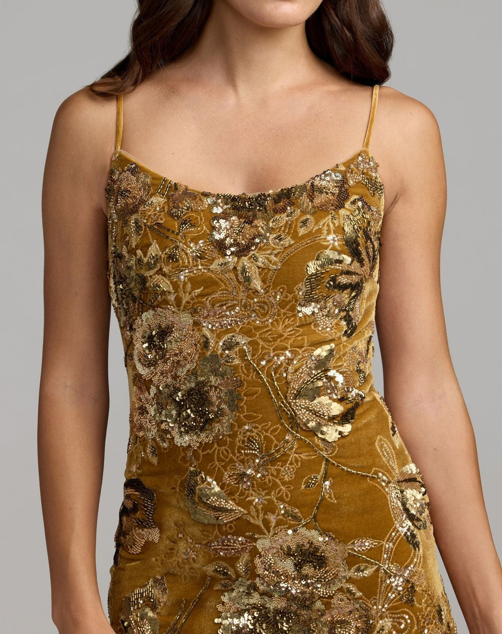 Gold Embellished Velvet Fringe Maxi Dress