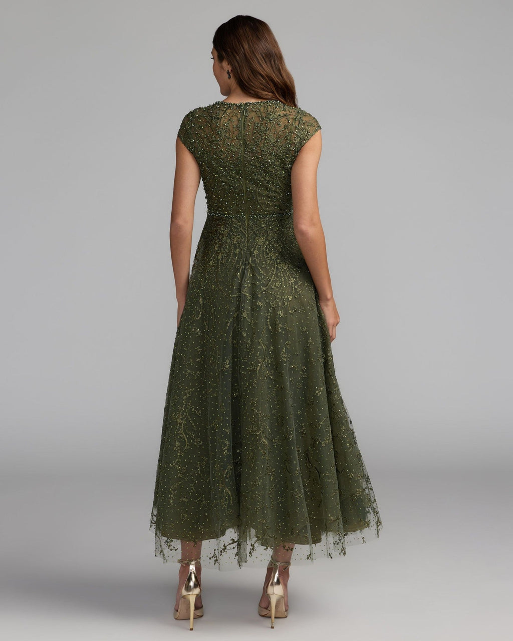 Olive Embroidered Tulle Midi Dress