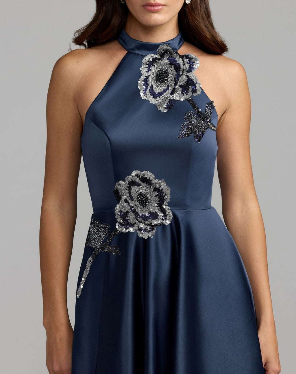 Midnight Floral Sequin Appliqué Halter Ball Gown