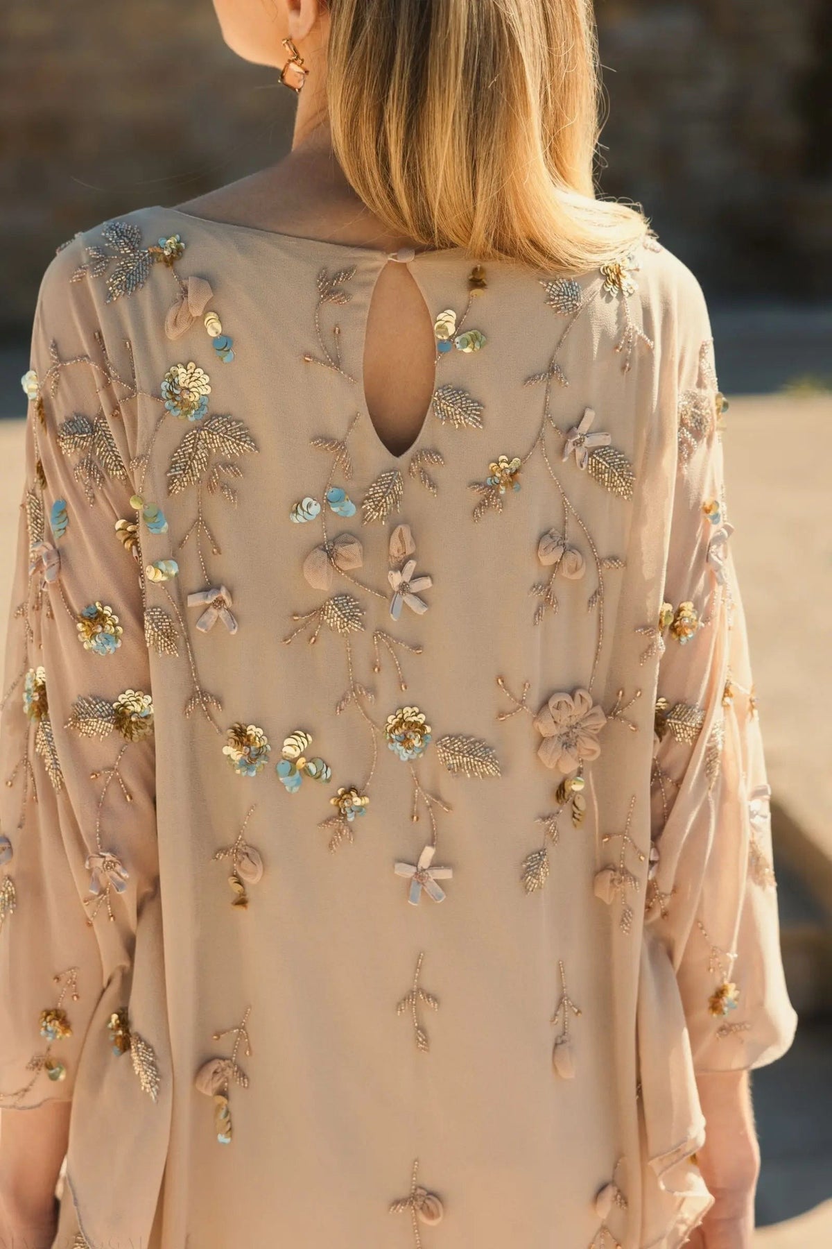 Beige Floral Embellished Kaftan Gown