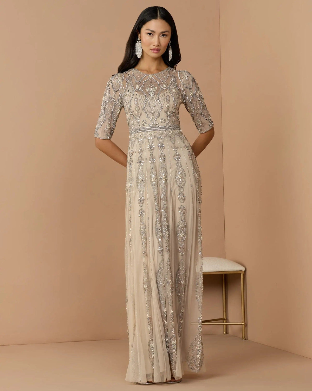 Vintage Lilac 3/4 Sleeve Embellished A-line Gown