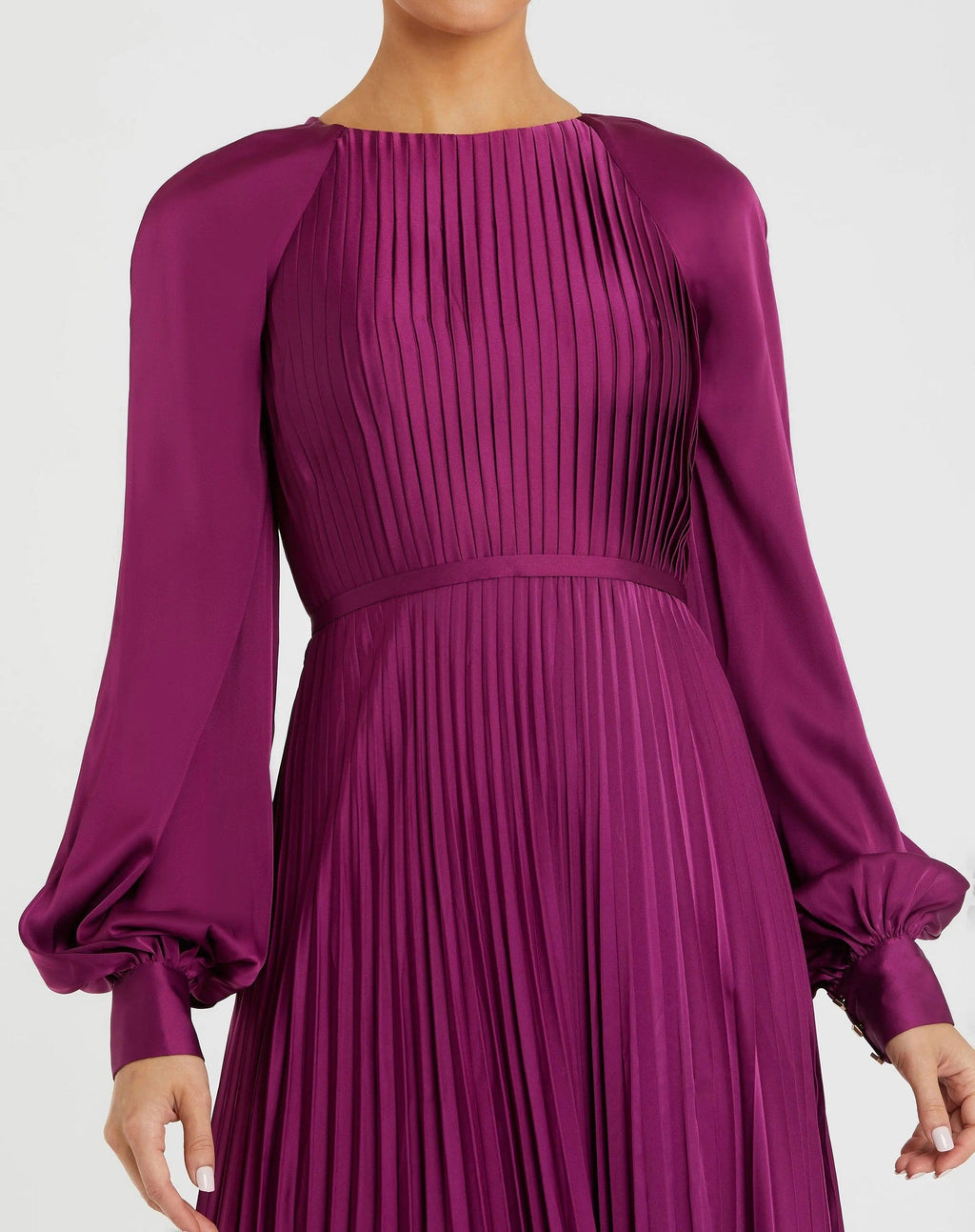 Berry Pleated High Neck Long Sleeve Gown with Slit