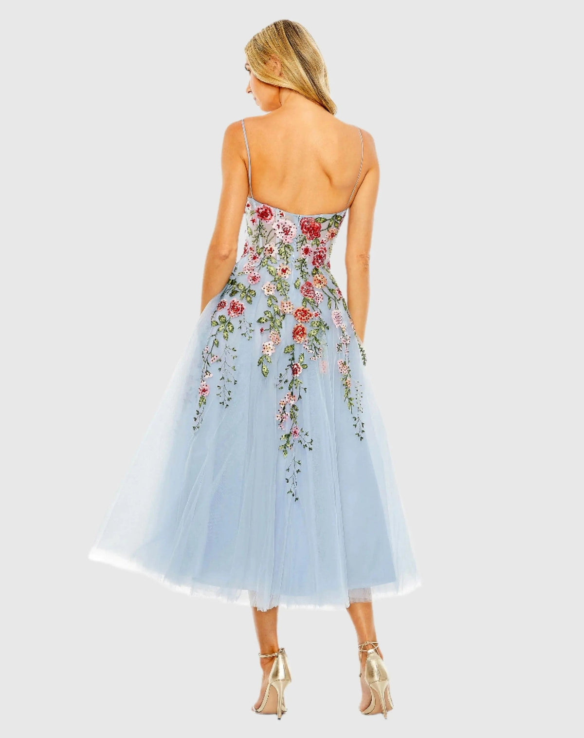 Blue Bustier Embroidered Floral A-Line Dress