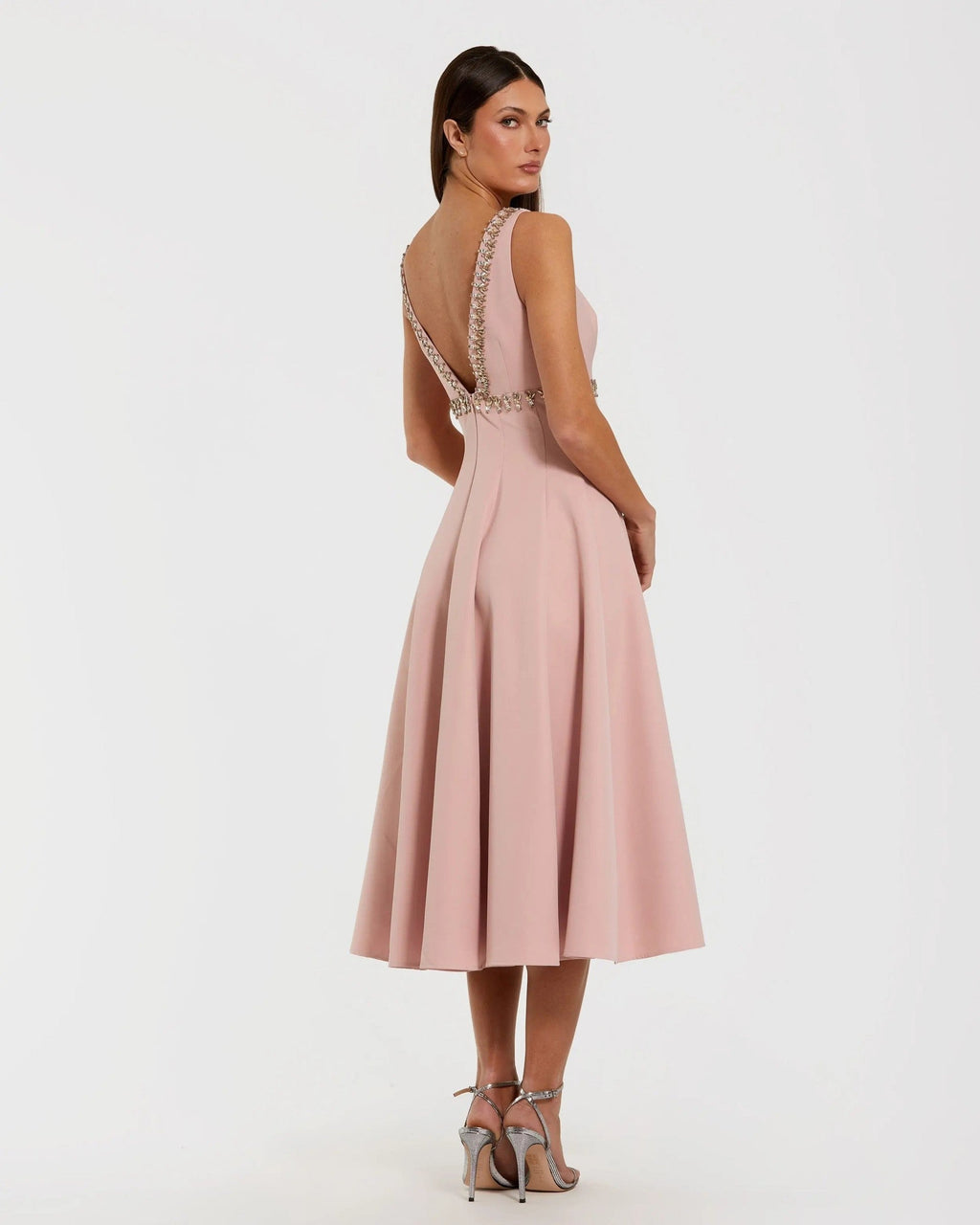 Dusty Rose Rhinestone Embellished Crepe A-Line Midi Dress