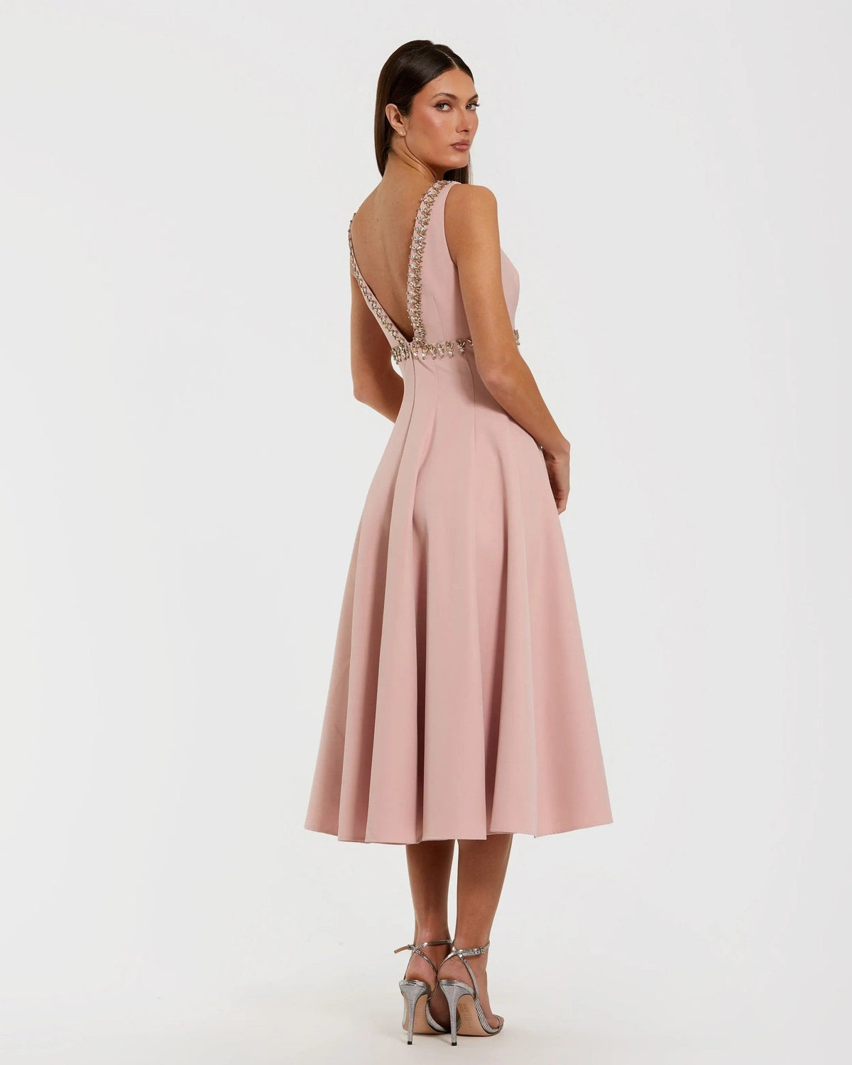 Dusty Rose Rhinestone Embellished Crepe A-Line Midi Dress