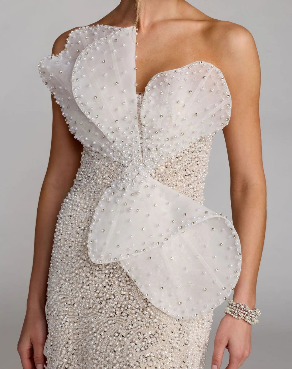 Ivory Nude Strapless Embellished Column Gown With 3D Petals