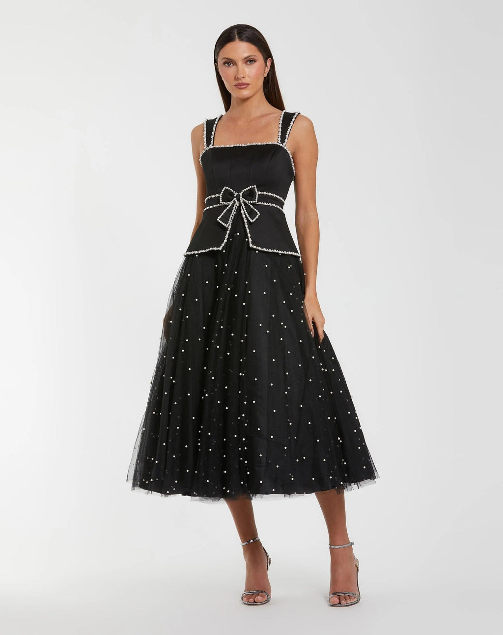 Black Sleeveless Embellished Crepe And Tulle Midi Dress