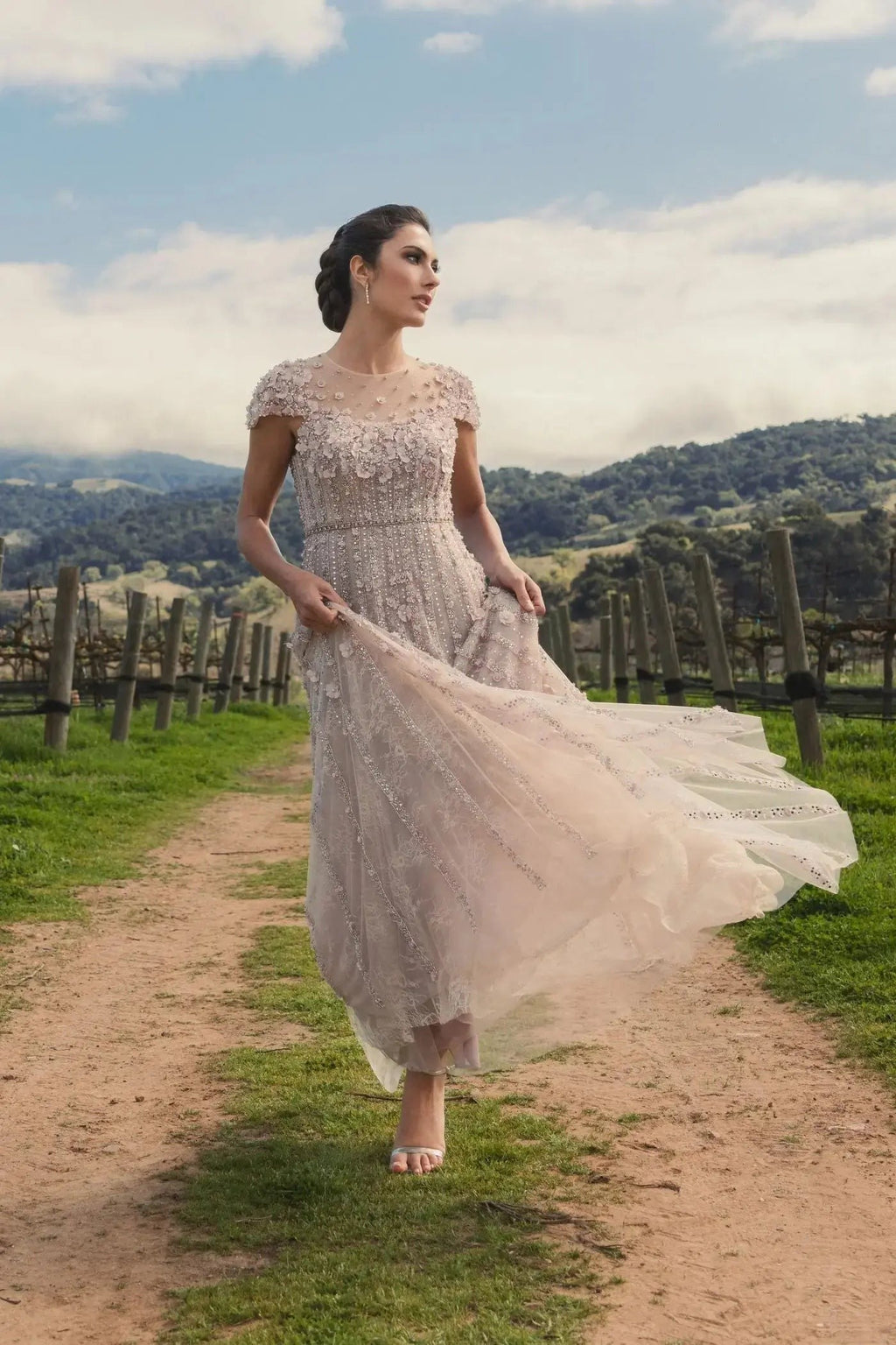 Vintage Lilac Embellished Lace Illusion Neck A-Line Gown