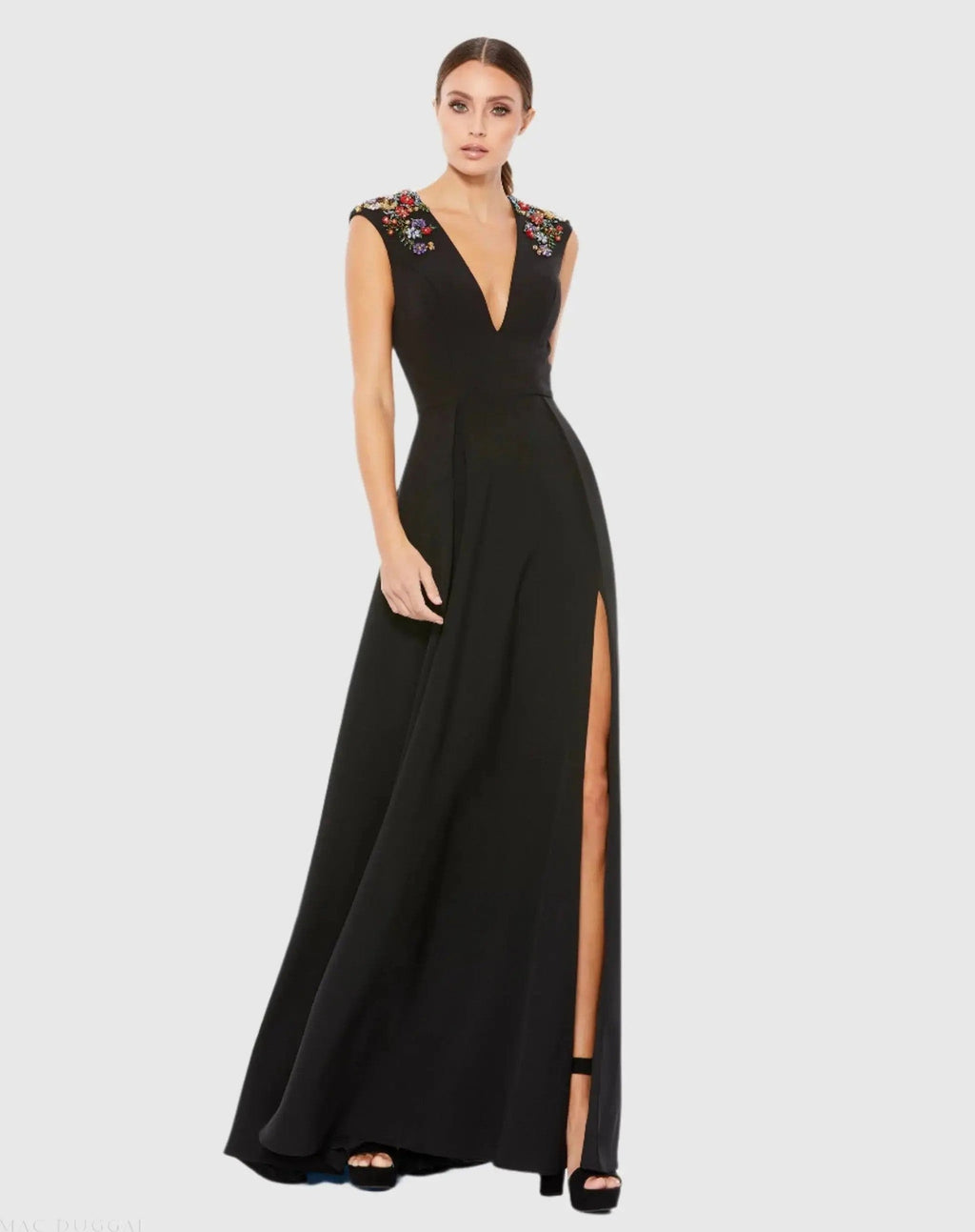 Black Embellished Cap Sleeve A-Line Evening Gown