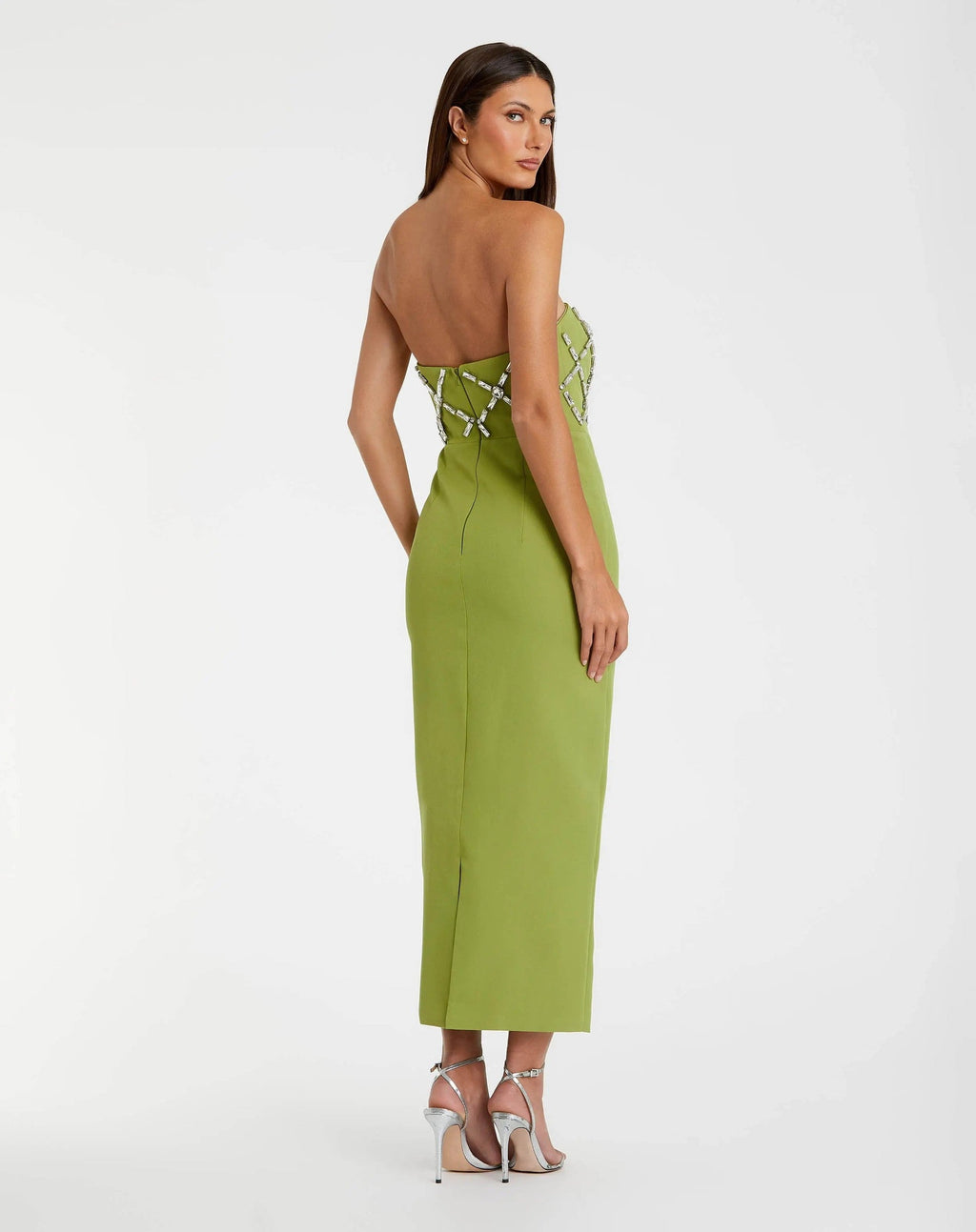Apple Green Strapless Crystal Embellished Midi Dress