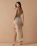 Beige One Shoulder Embellished Dress With Feather Trim