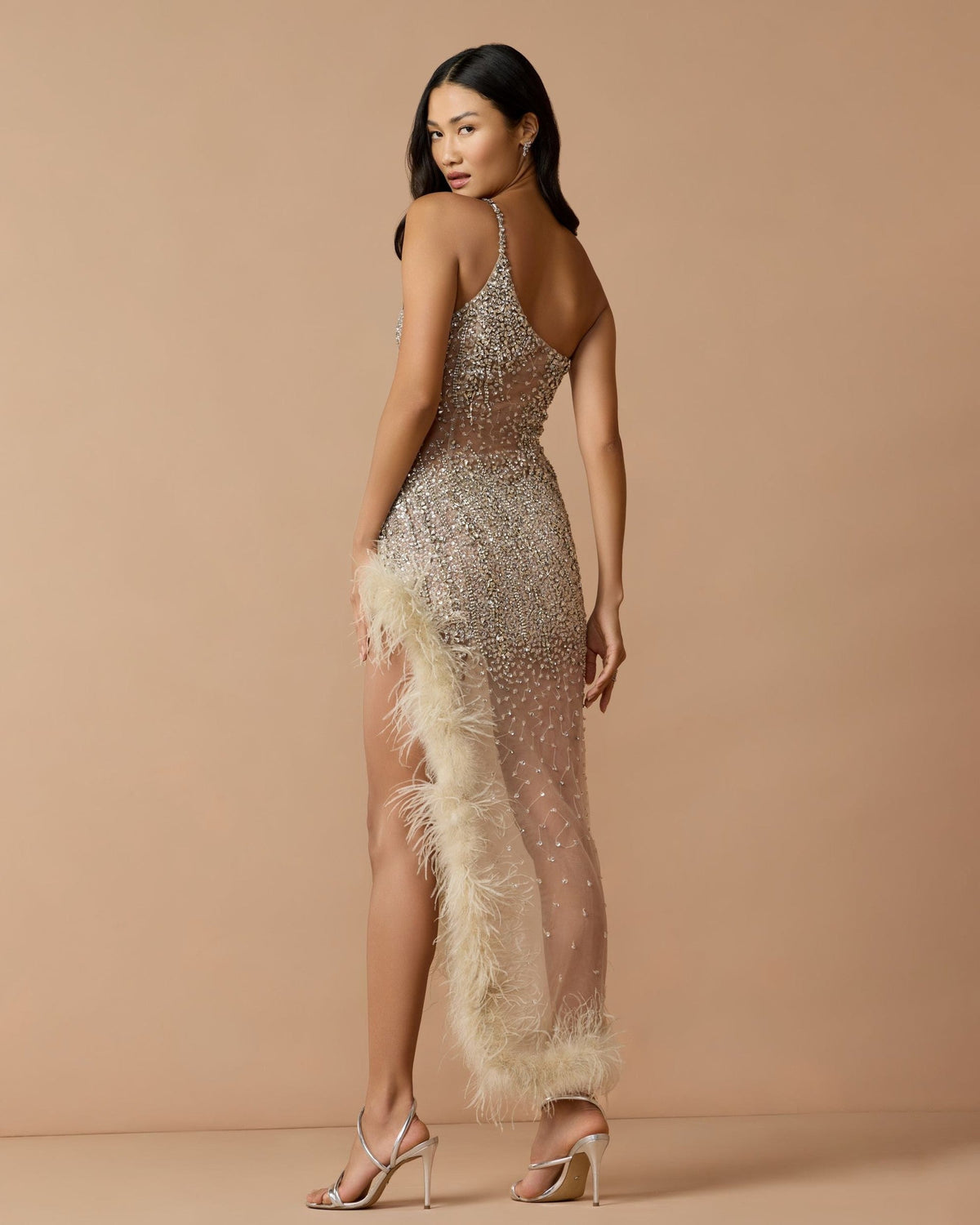 Beige One Shoulder Embellished Dress With Feather Trim