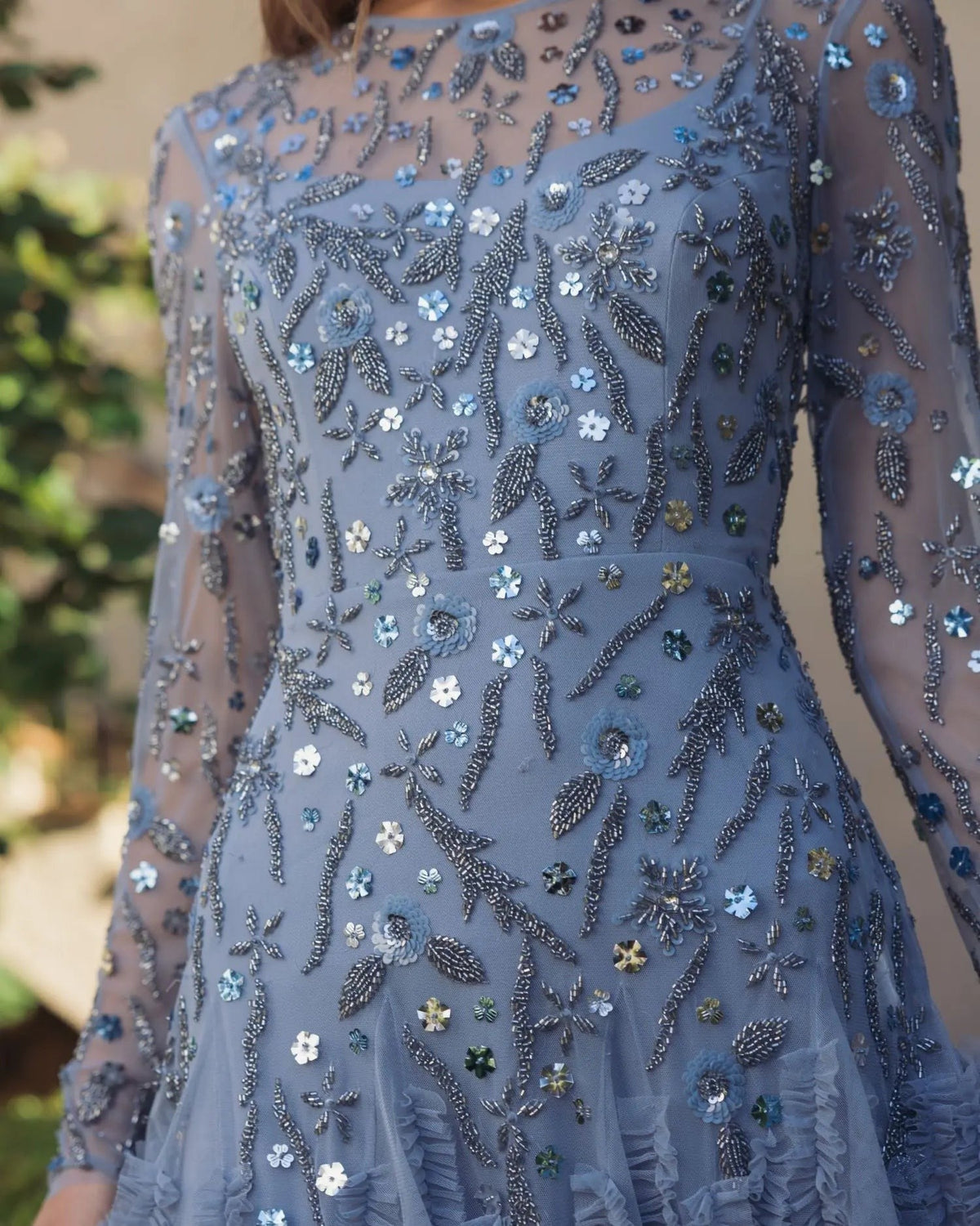 Slate Blue Embellished Long Sleeve Drop Waist Gown