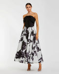 Black and Gray Floral Strapless Midi Dress With Bow