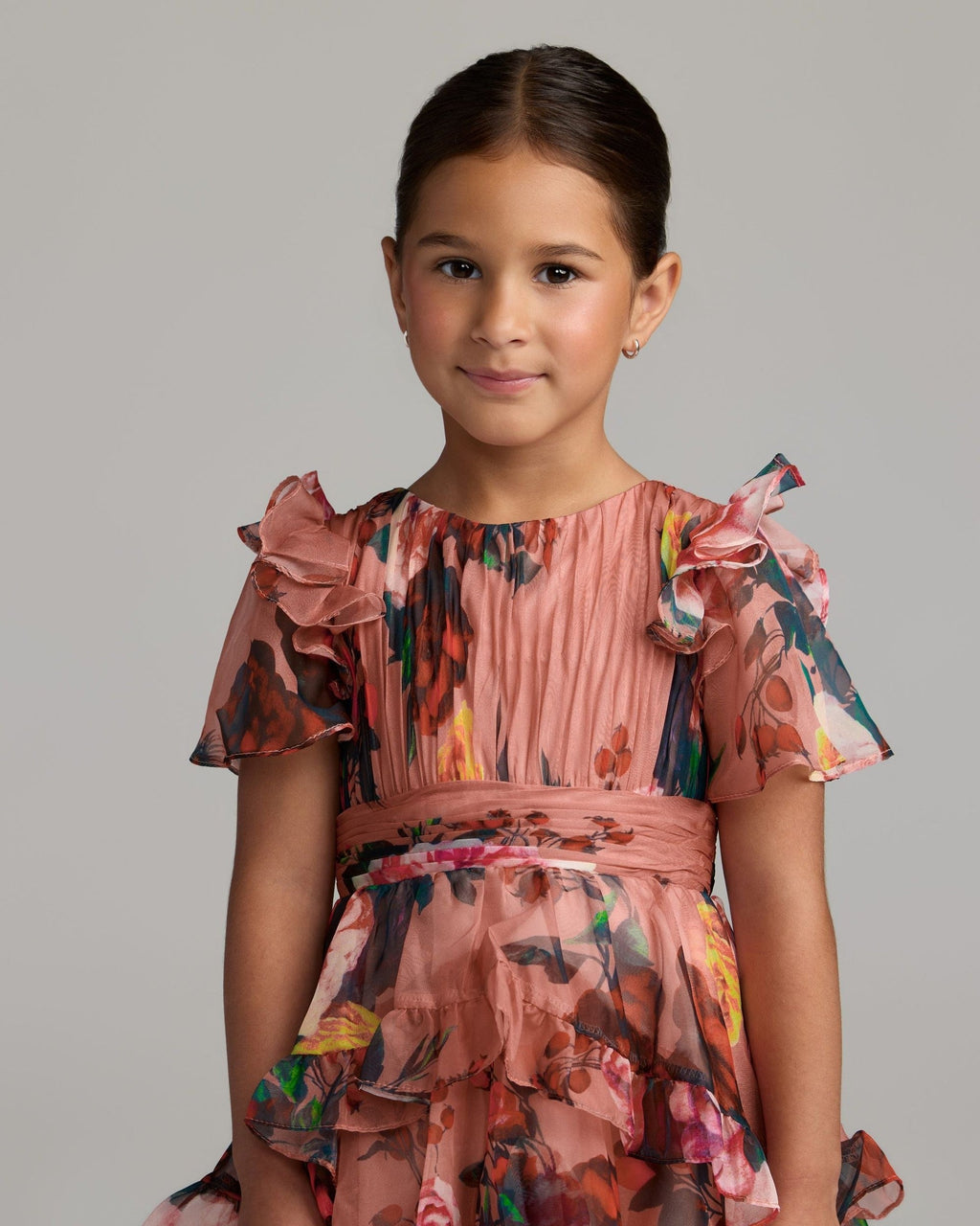 Girls Rose Multi Floral Chiffon Tiered Ruffle Dress