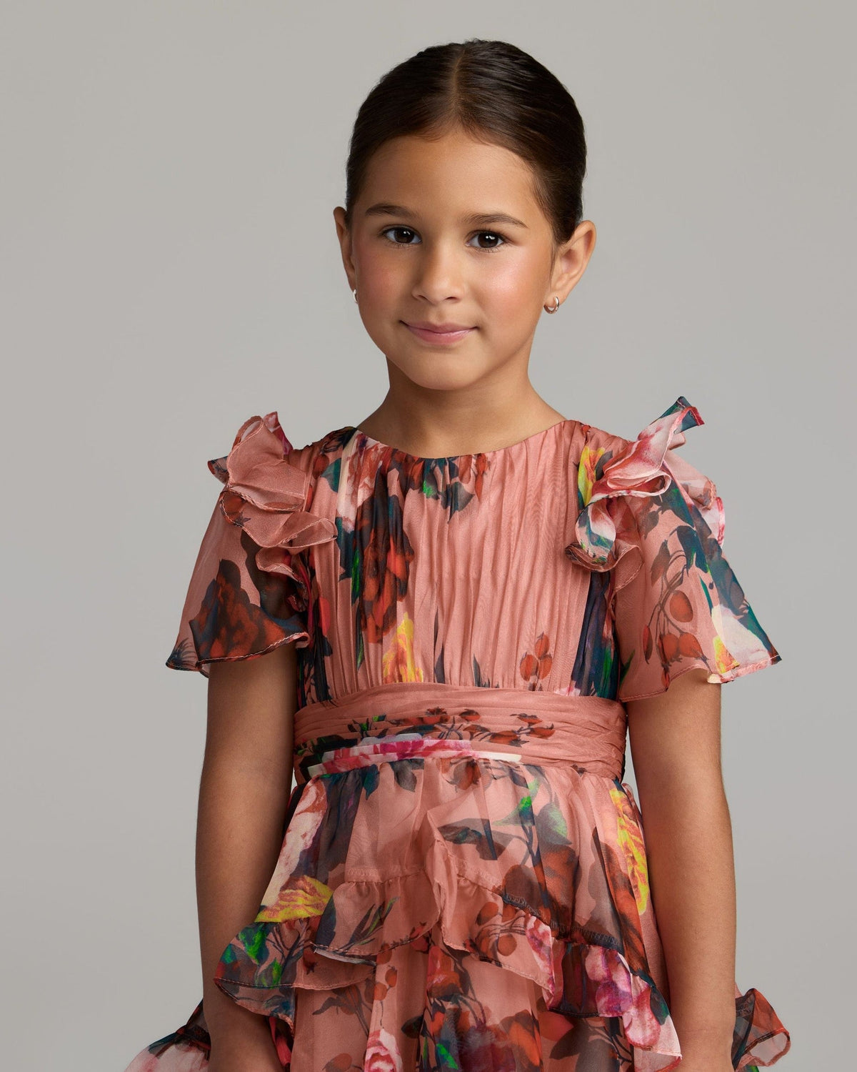 Girls Rose Multi Floral Chiffon Tiered Ruffle Dress