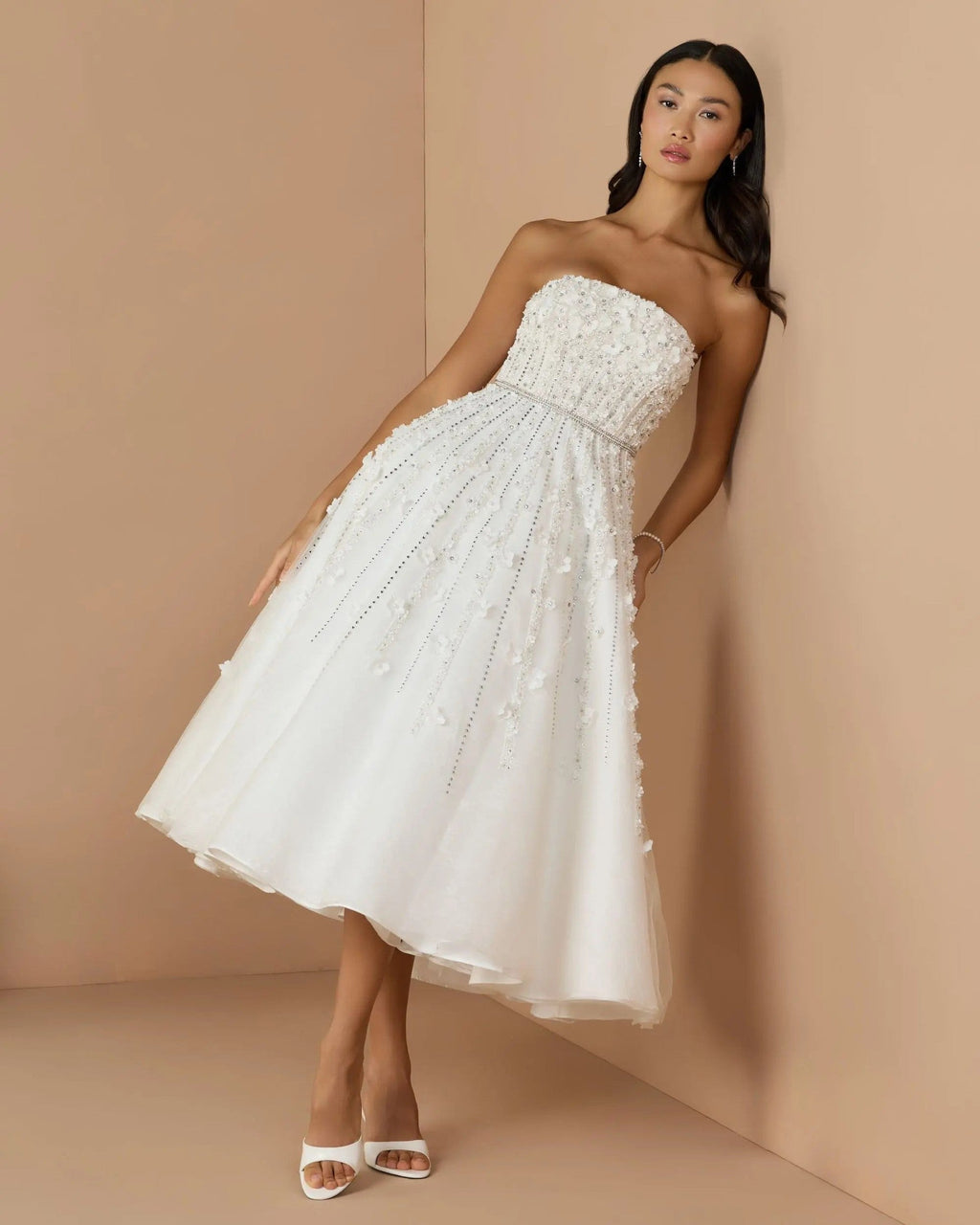 Ivory Strapless Floral Embellished Midi Dress