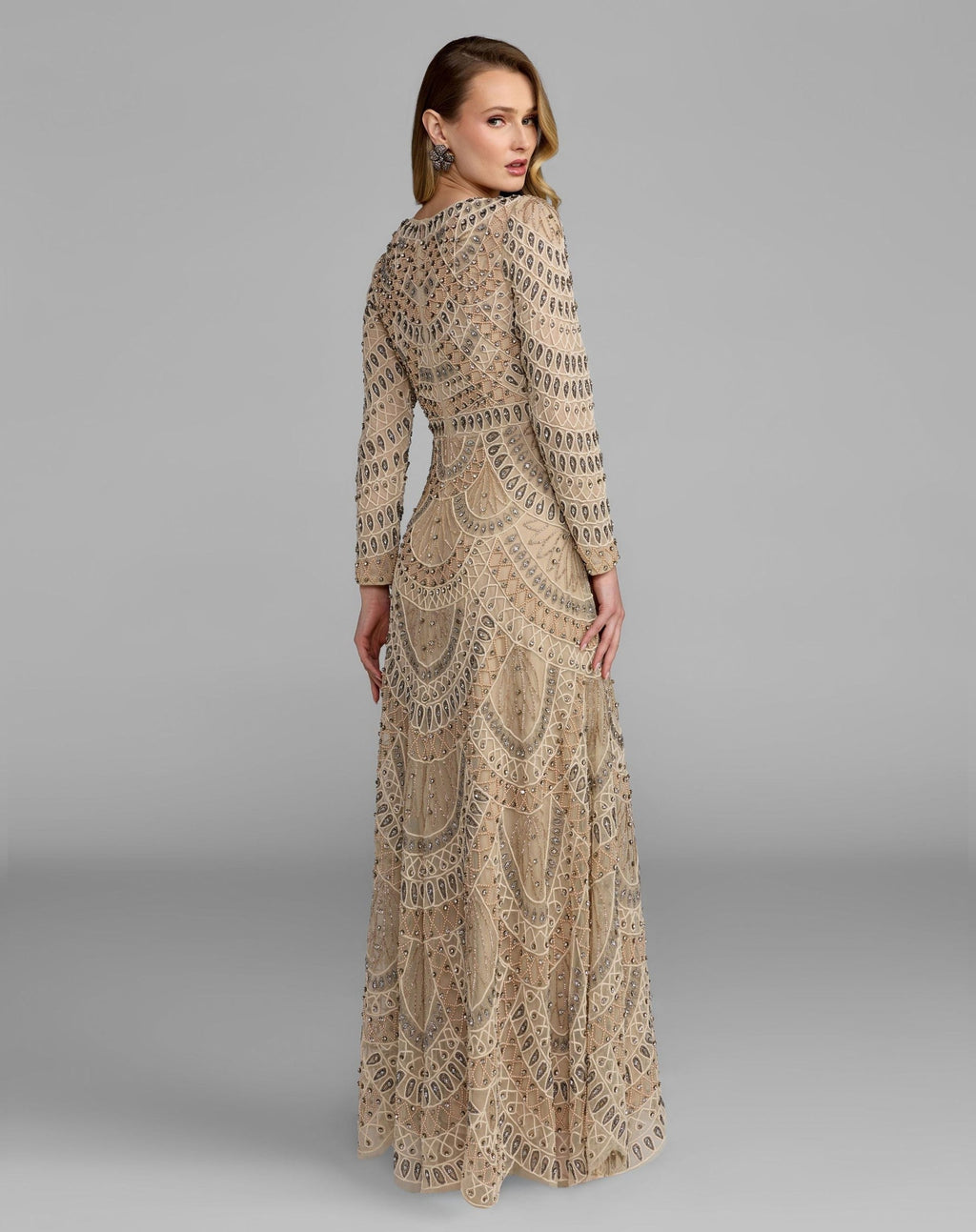 Beige Long Sleeve Hand Beaded A-Line Gown