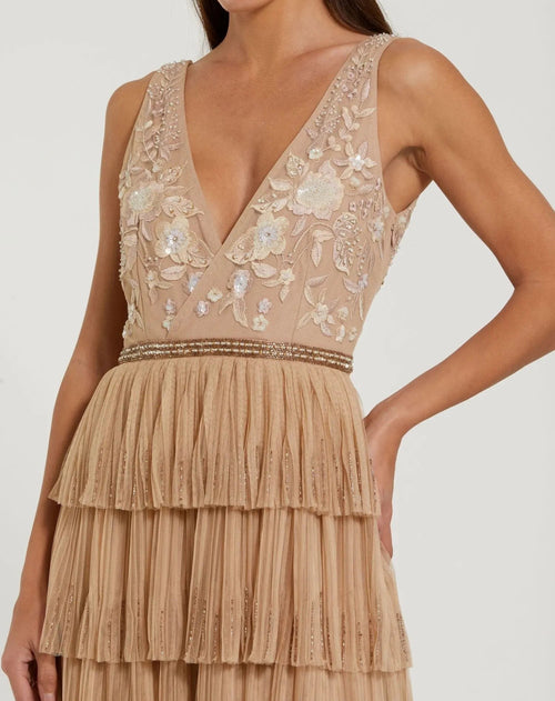 Beige Beaded V-Neck Gown With Tiered Ruffles
