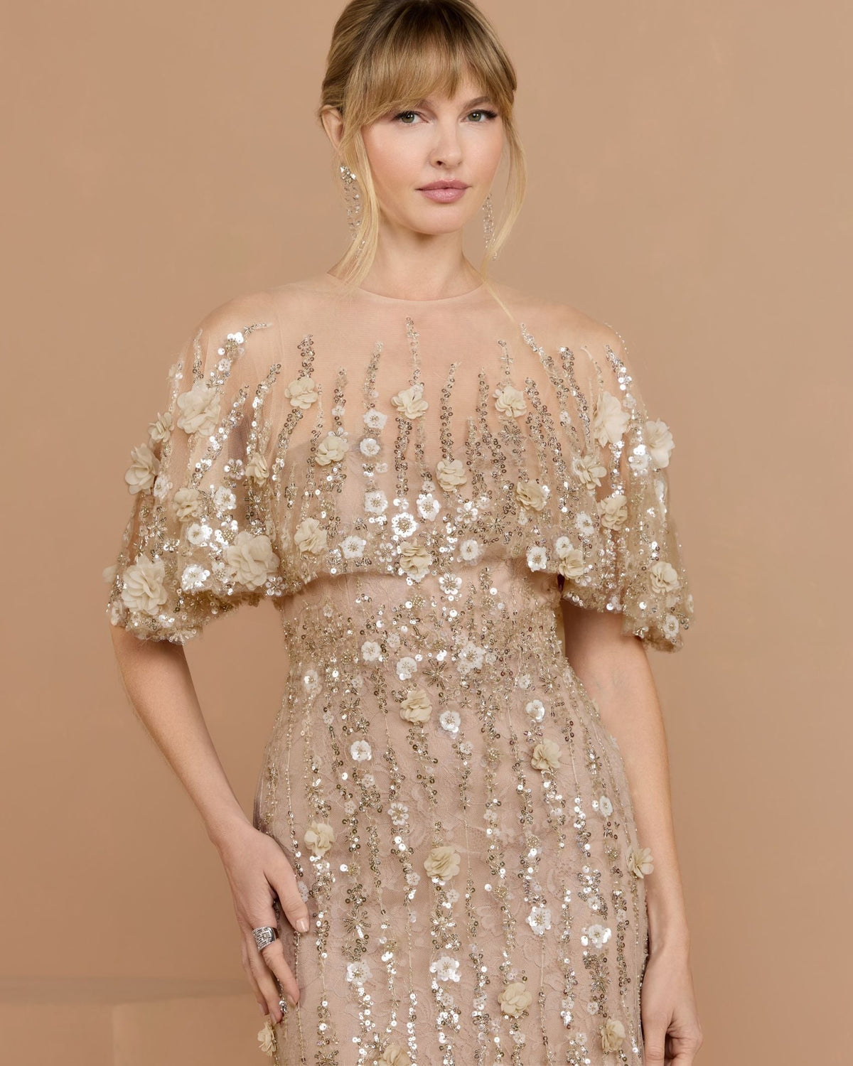 Almond Embellished Cape Sleeve Evening Gown