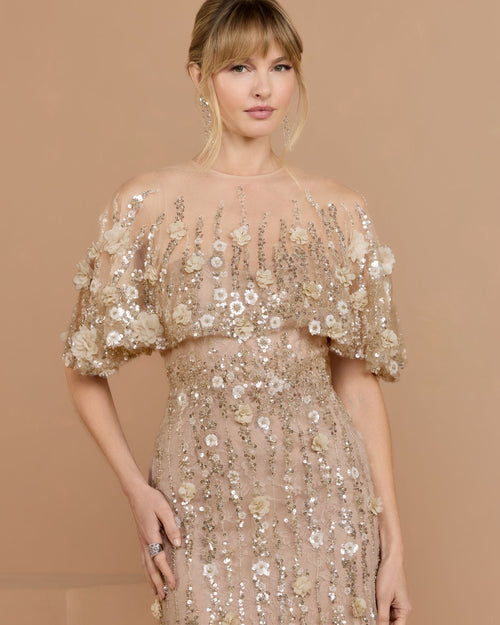 Almond Embellished Cape Sleeve Evening Gown