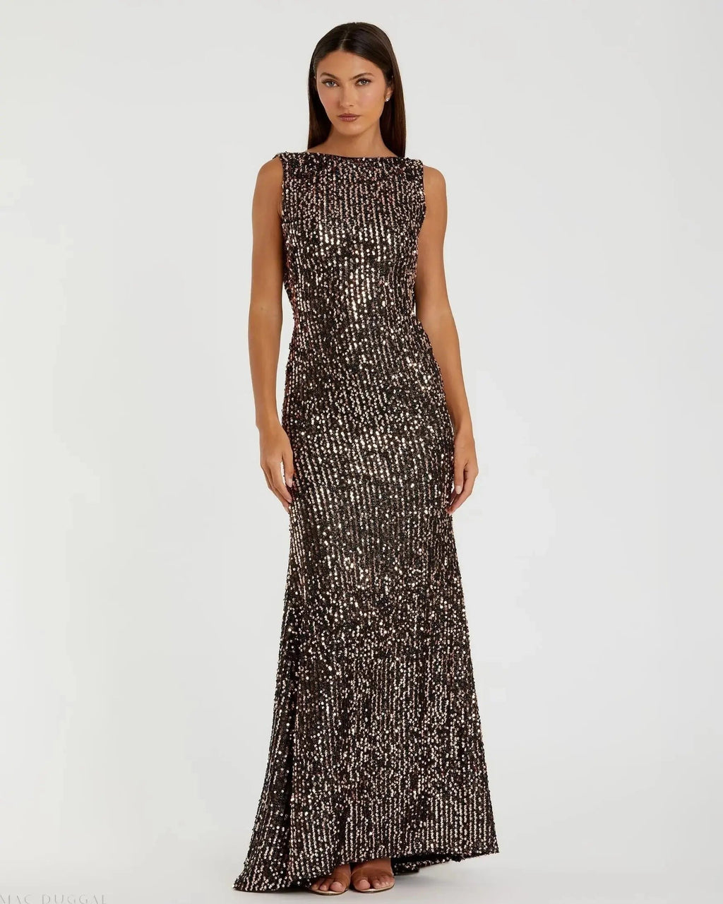 Bronze Sleeveless Cowl Back Sequin Evening Gown