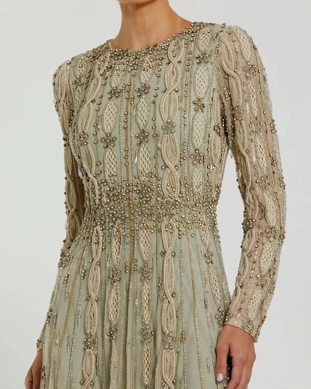 Nude Sage Embellished Long Sleeve A-Line Gown