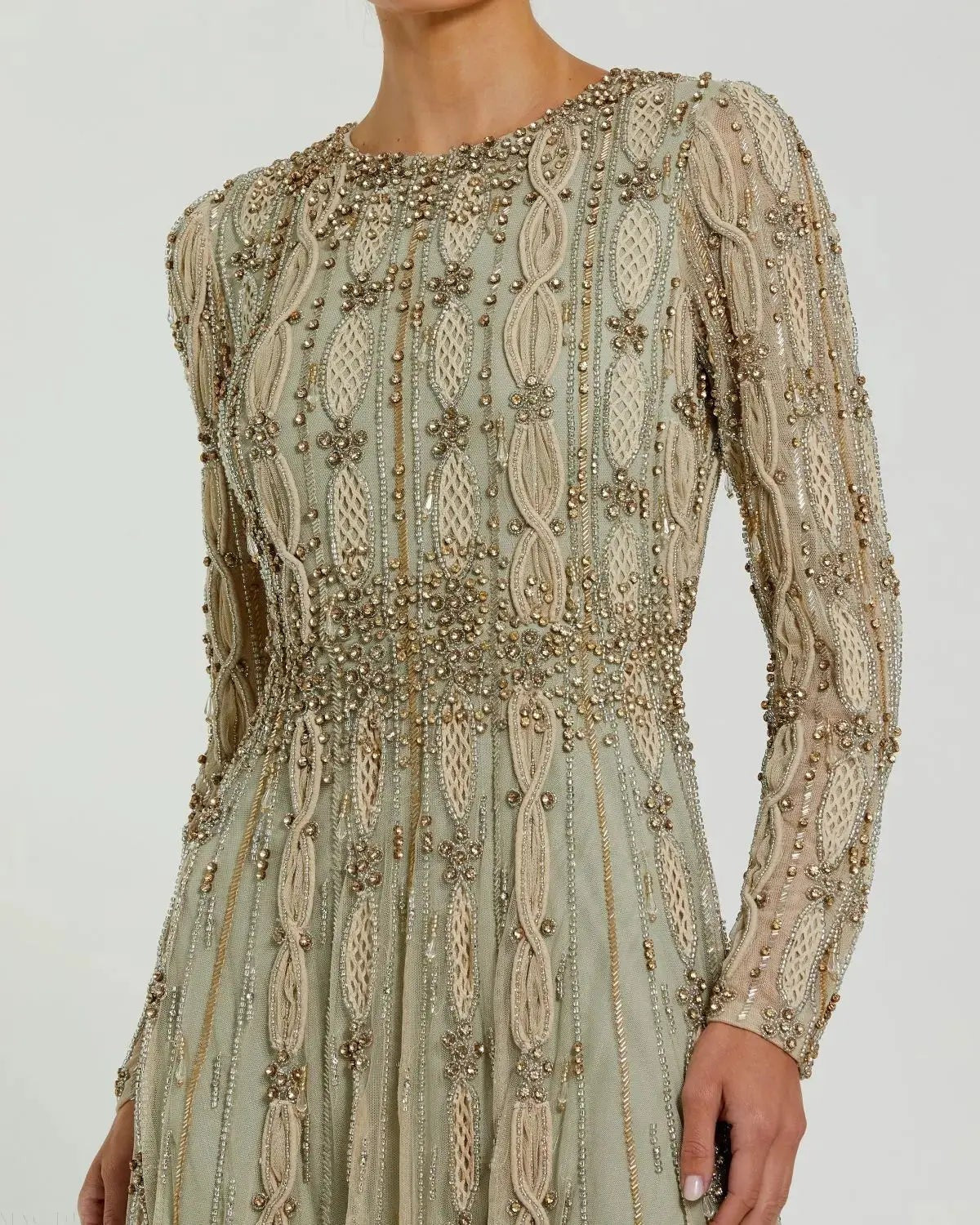 Nude Sage Embellished Long Sleeve A-Line Gown