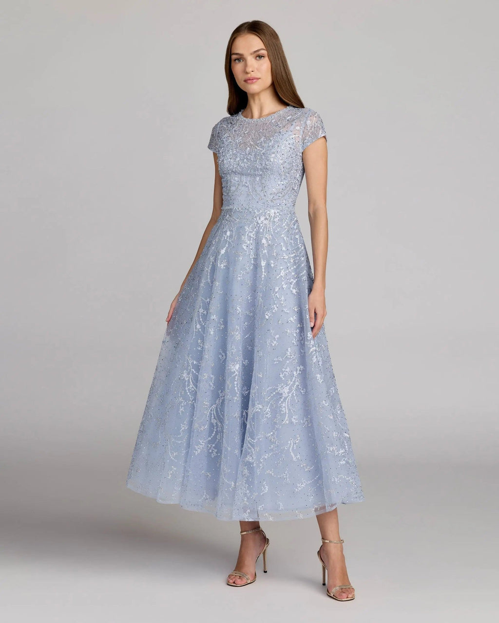 Powder Blue Embroidered Tulle Midi Dress