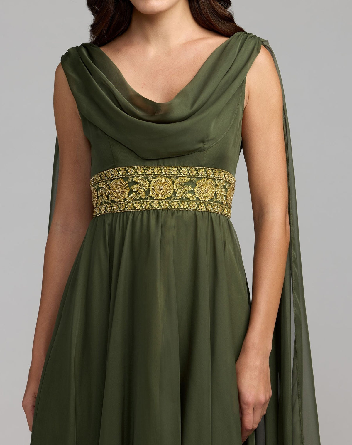 Olive Cowl Chiffon Gown With Embellished Waist