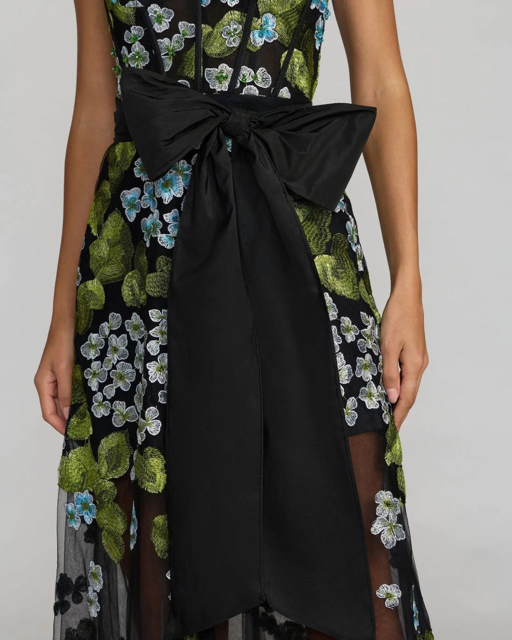 Blue Multi Floral Embroidered Corset Gown With Bow