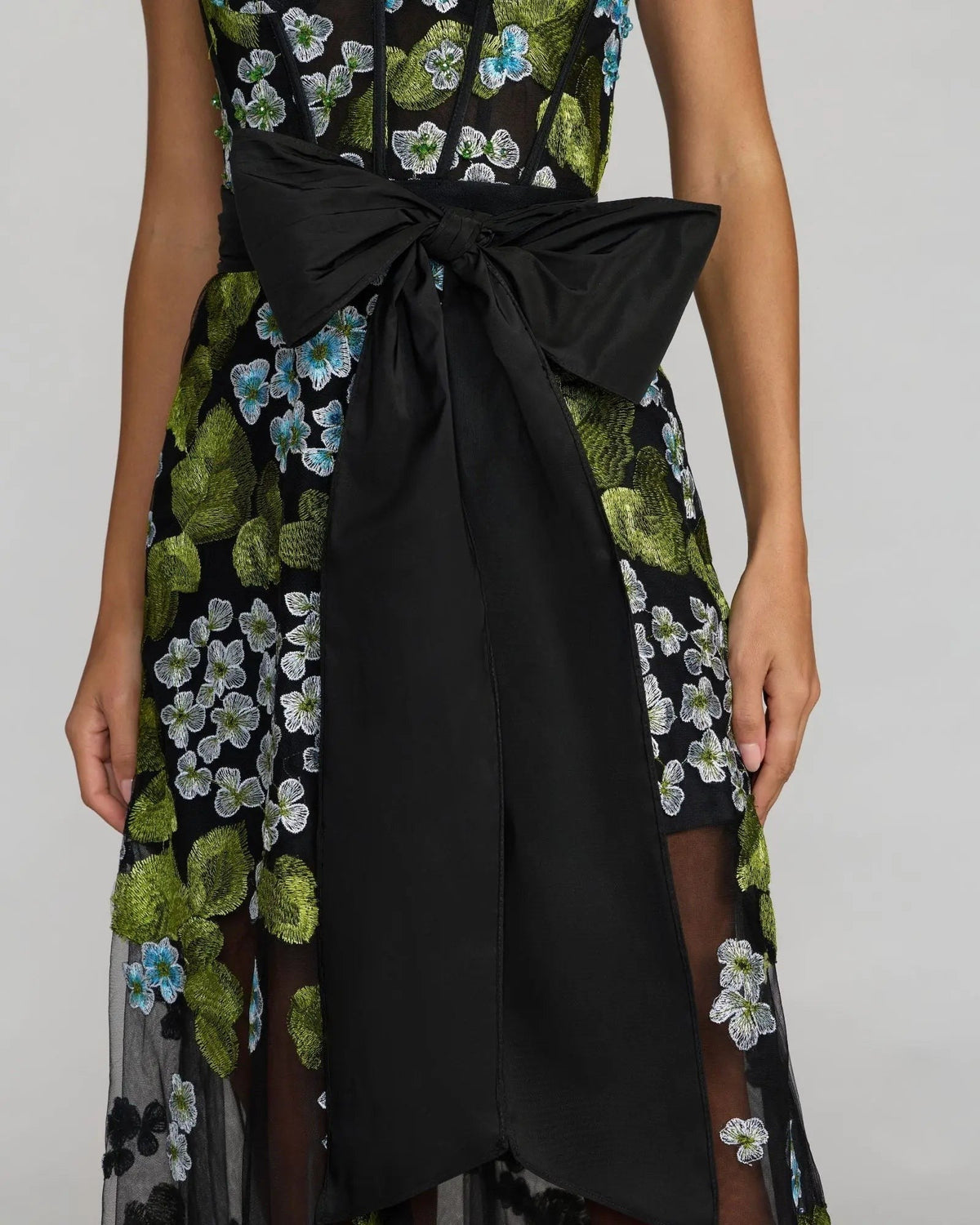 Blue Multi Floral Embroidered Corset Gown With Bow