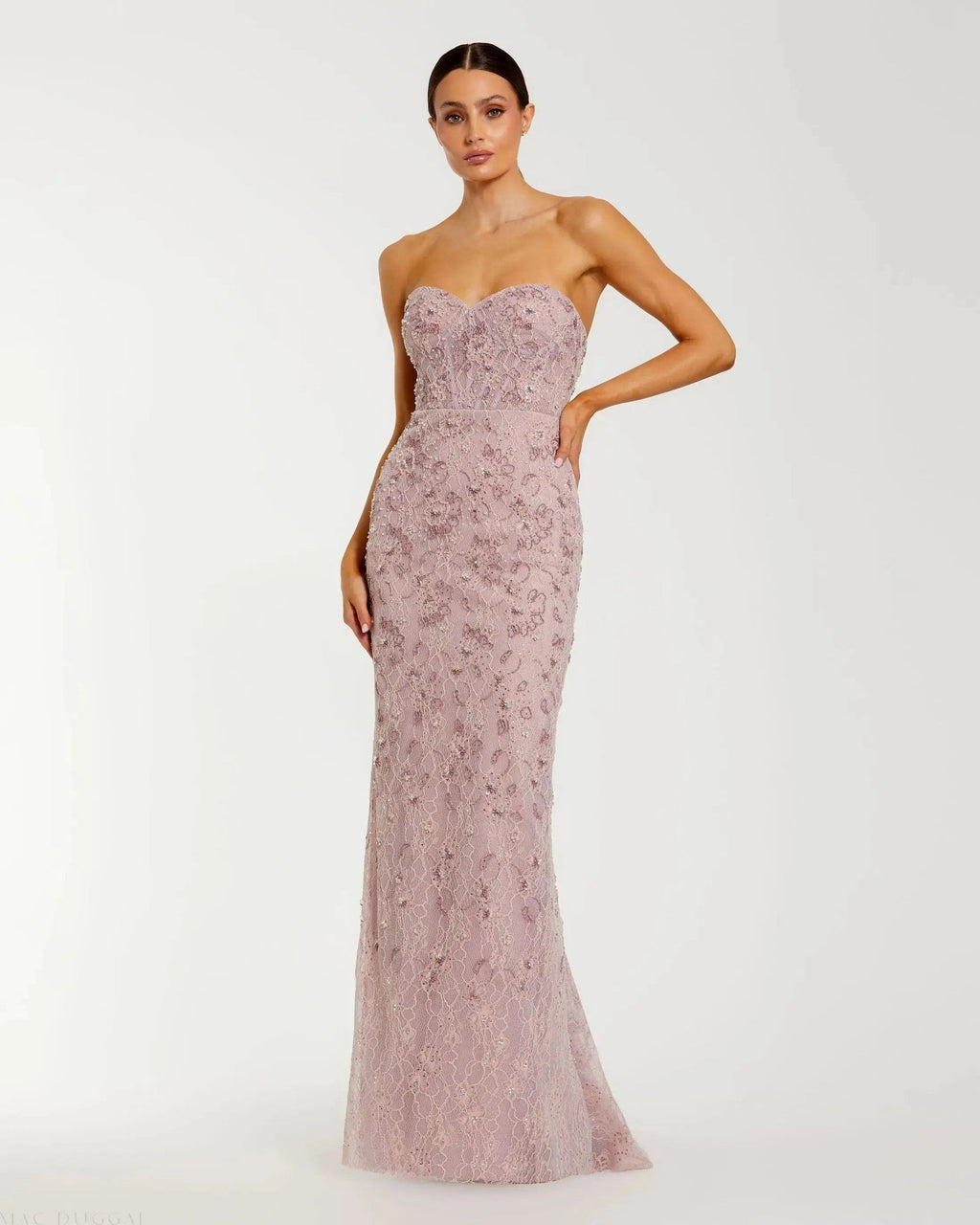 Rose Embellished Strapless Bustier Gown With Sweeping Train