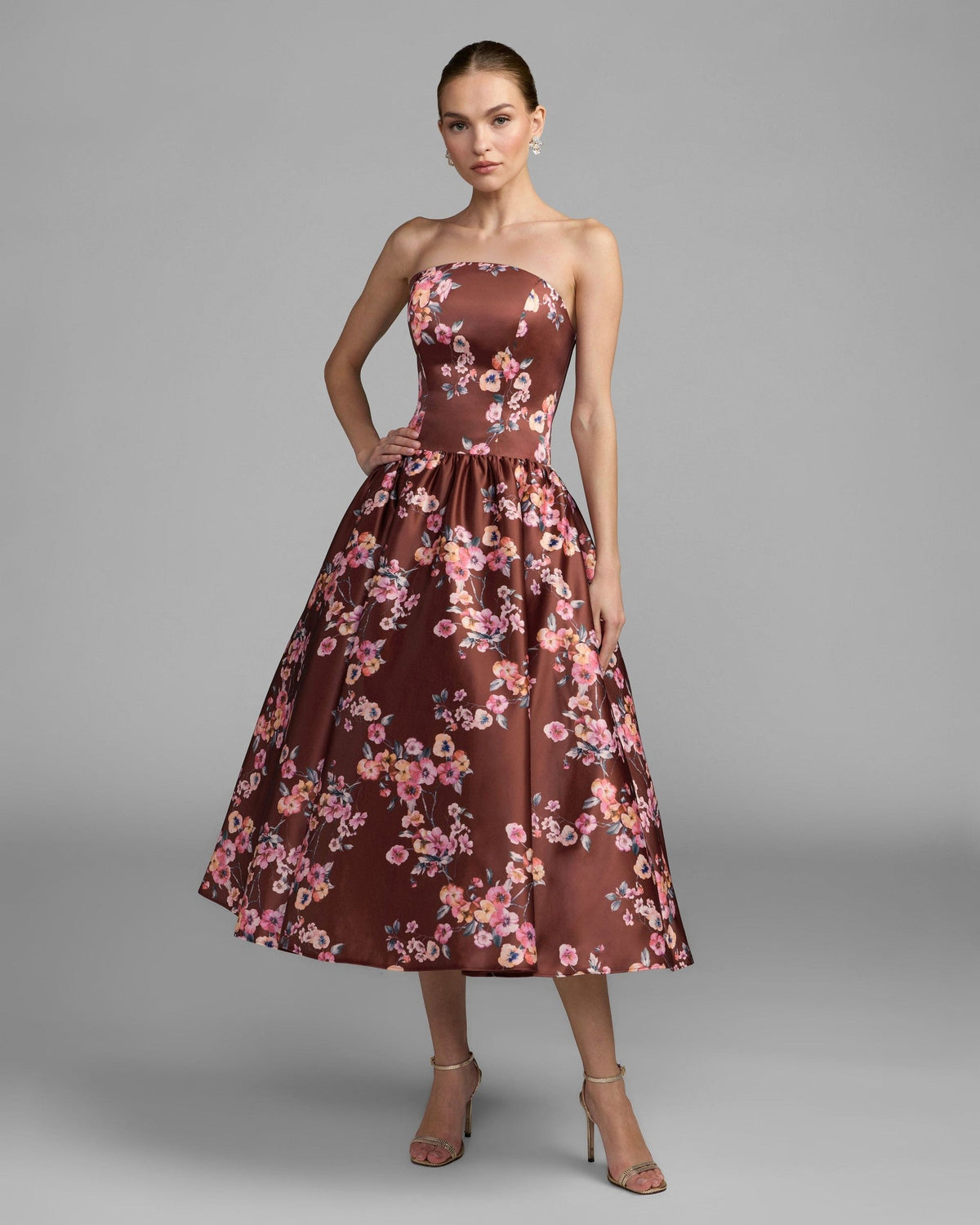 Bordeaux Multi Floral Print Strapless Midi Dress