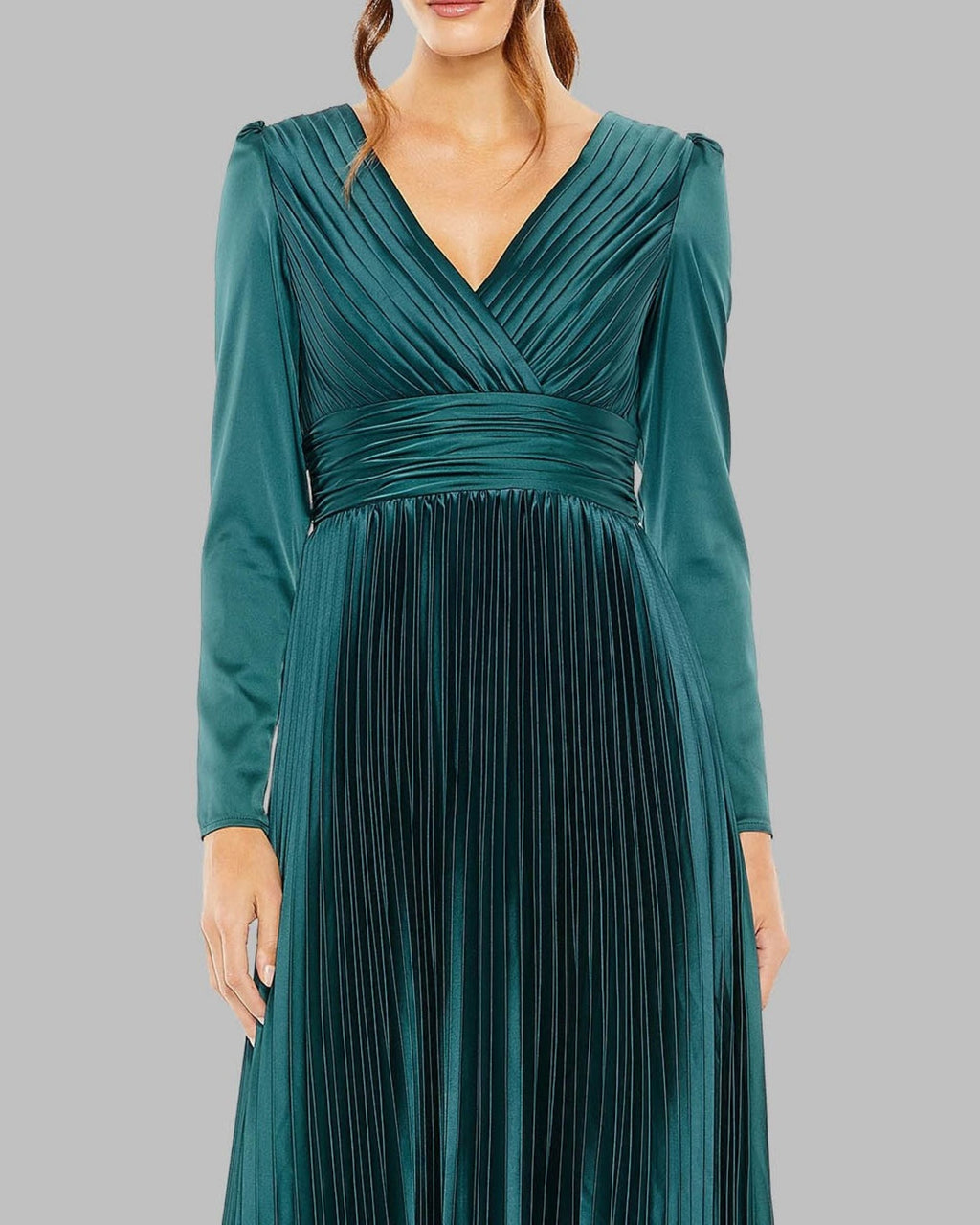 Ocean Pleated Long Sleeve V-Neck Gown