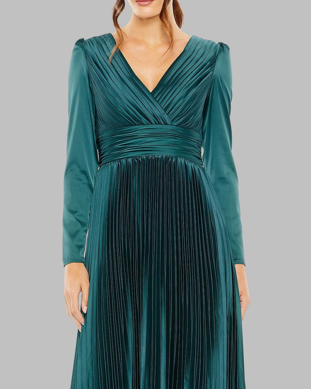 Ocean Pleated Long Sleeve V-Neck Gown