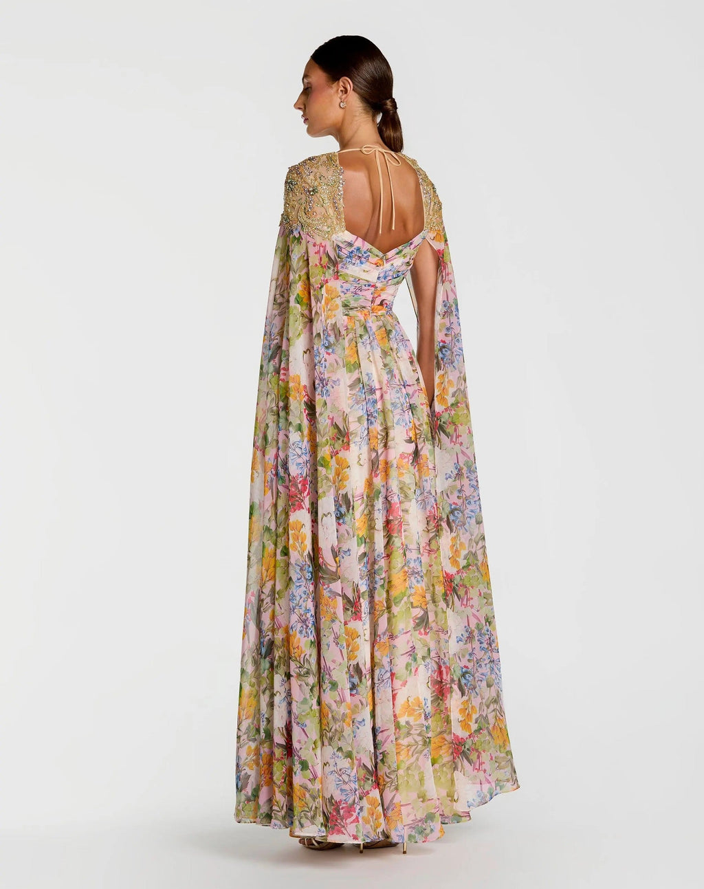 Pastel Multi Floral Gown With Beaded Cape Sleeves