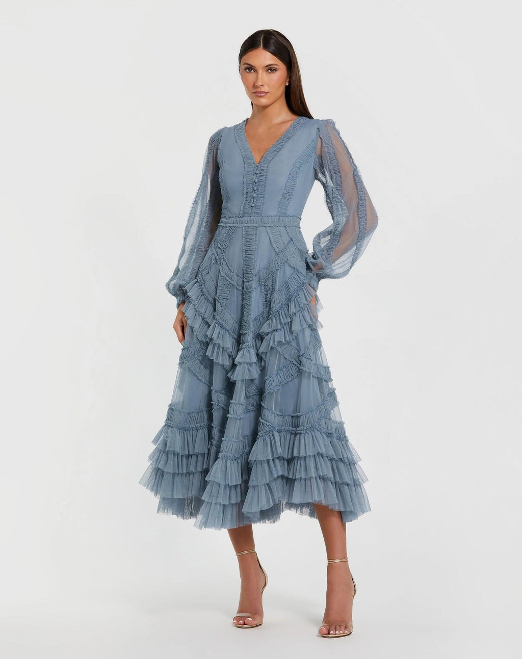 Slate Blue Long Sleeve V-Neck Micro Ruffle Midi Dress