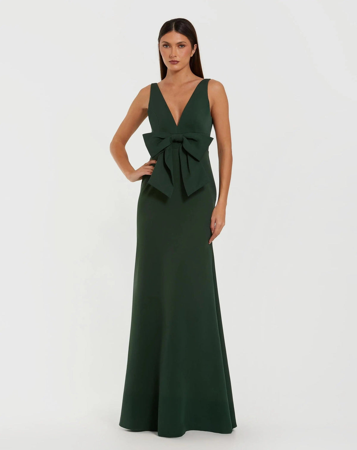 Emerald Sleeveless V-Neck Crepe Gown with Bow