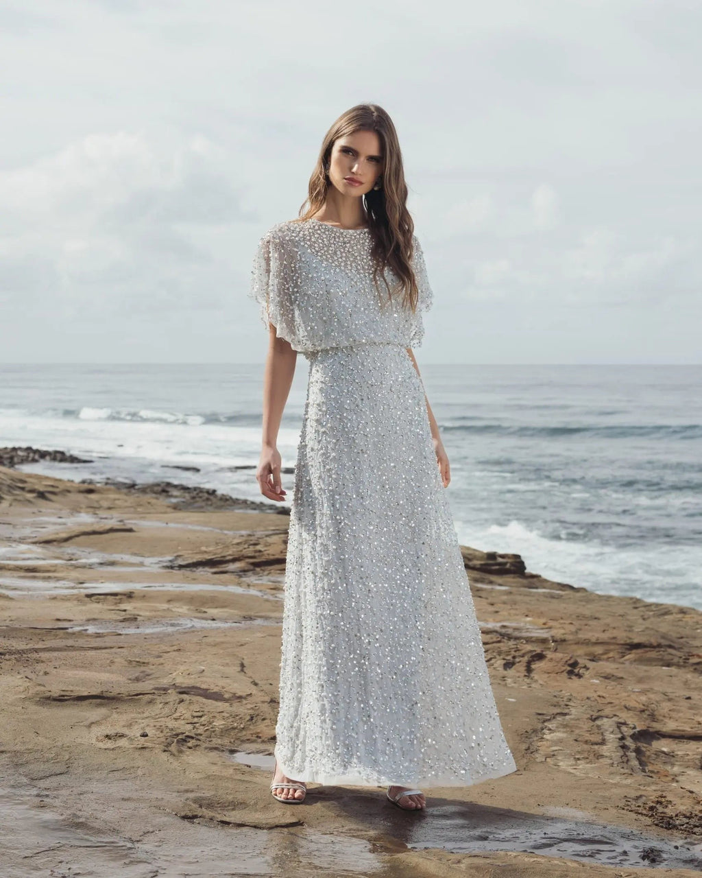 Powder Blue High Neck Short Sleeve Embellished Gown