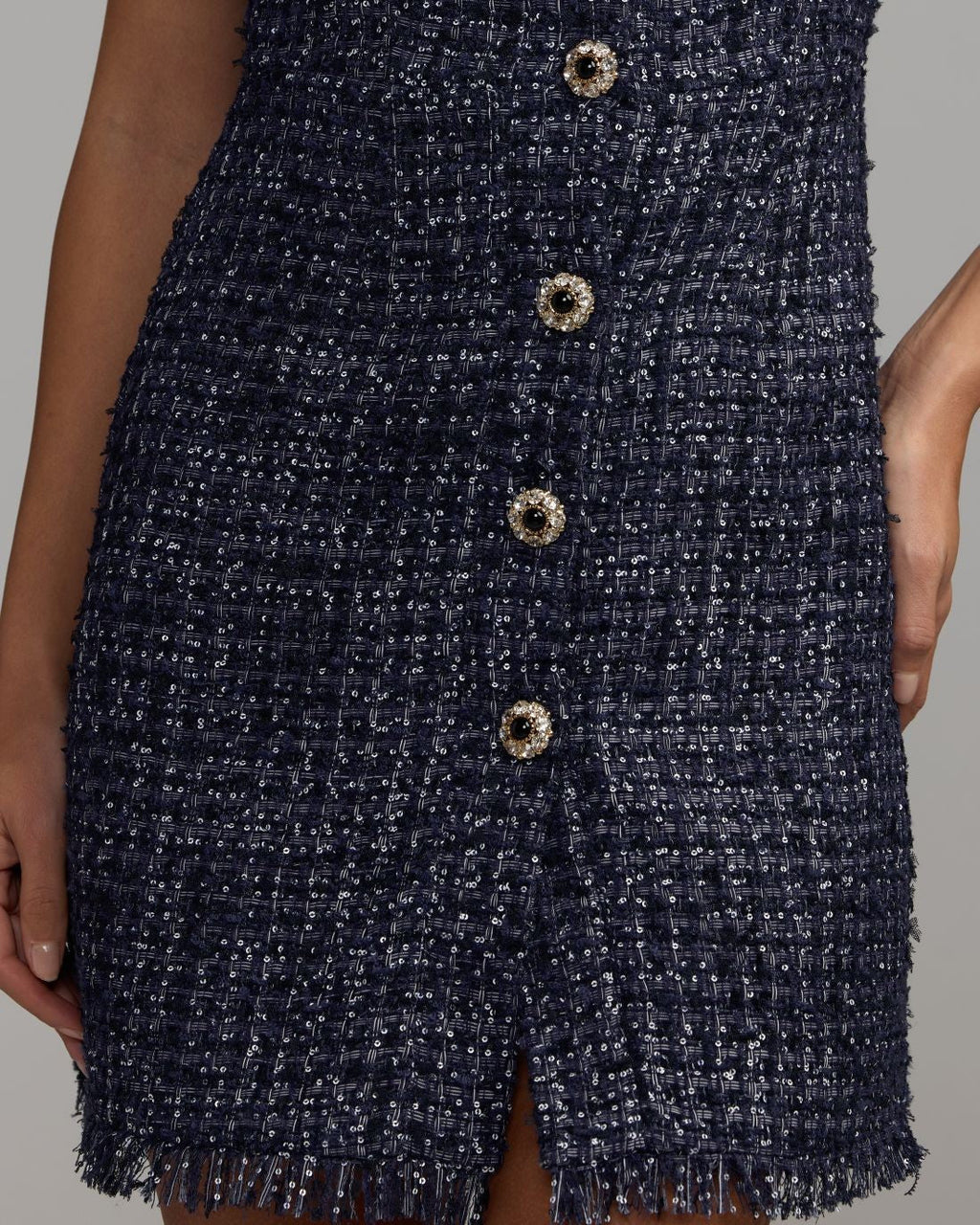 Navy Embellished Boucle Collared Mini Dress