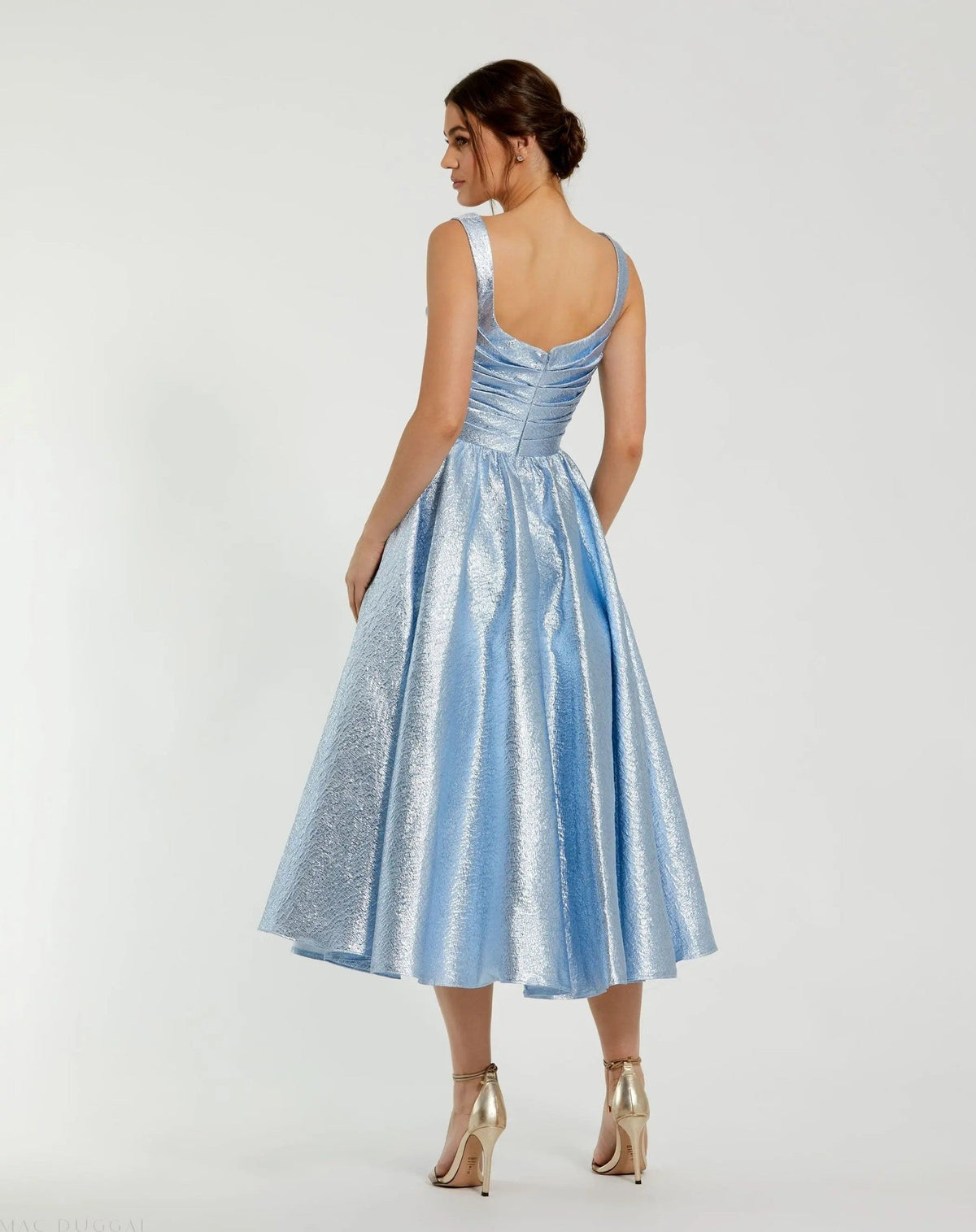 Ice Blue Square Neck Sleeveless Metallic Midi Dress