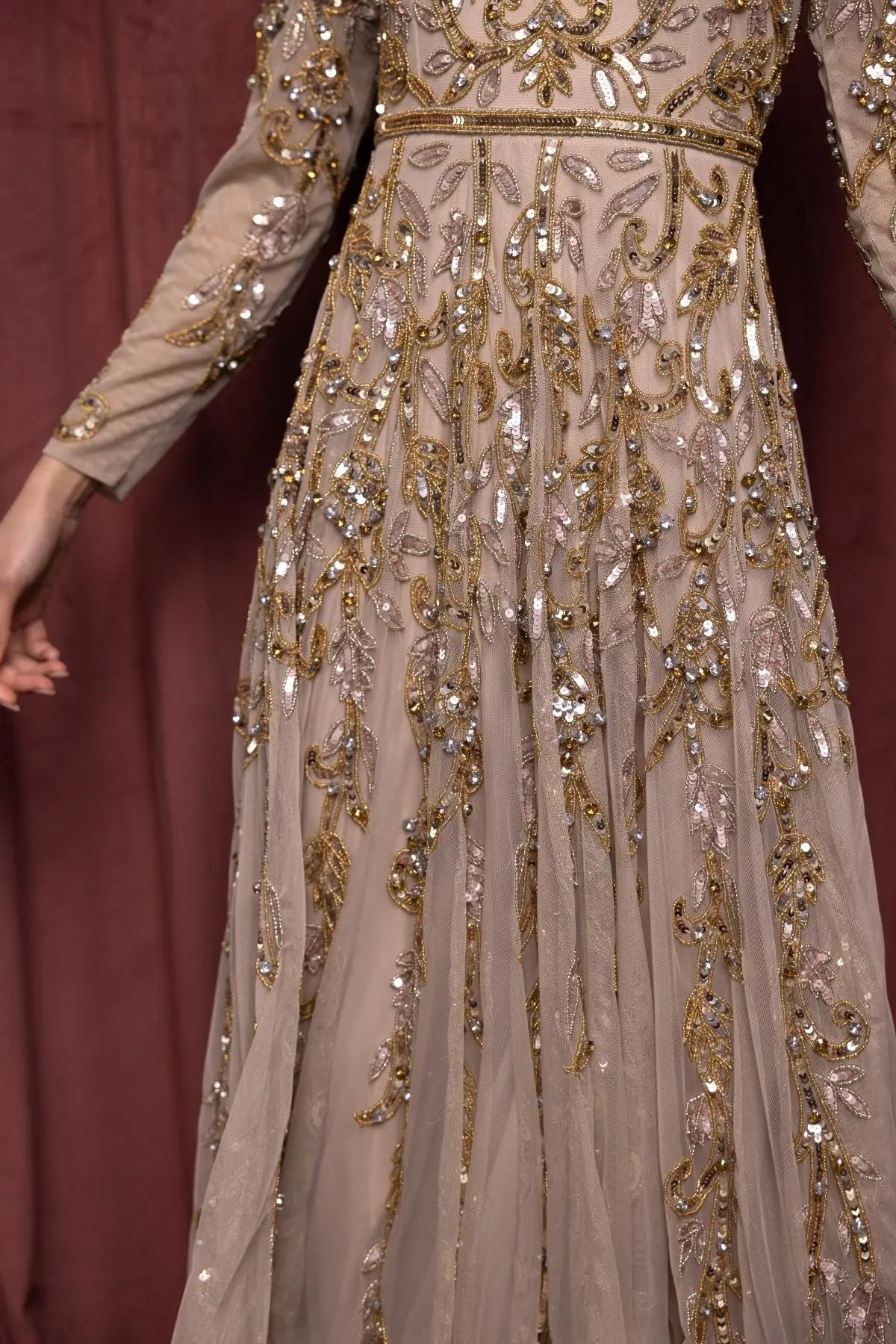 Beige Long Sleeve Hand Embellished Gown