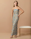 Nude Blue Strapless 3D Floral Embellished Dress