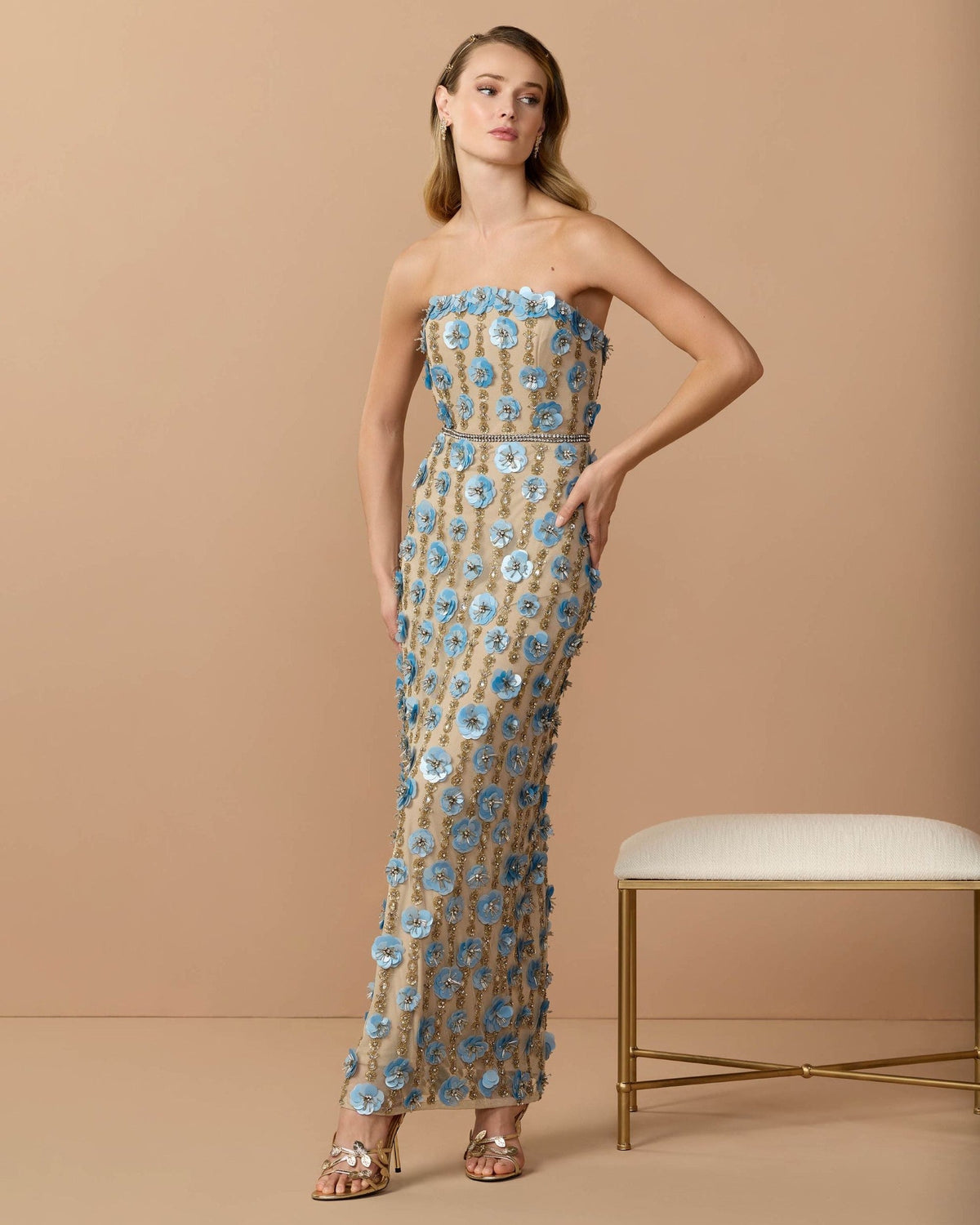 Nude Blue Strapless 3D Floral Embellished Dress