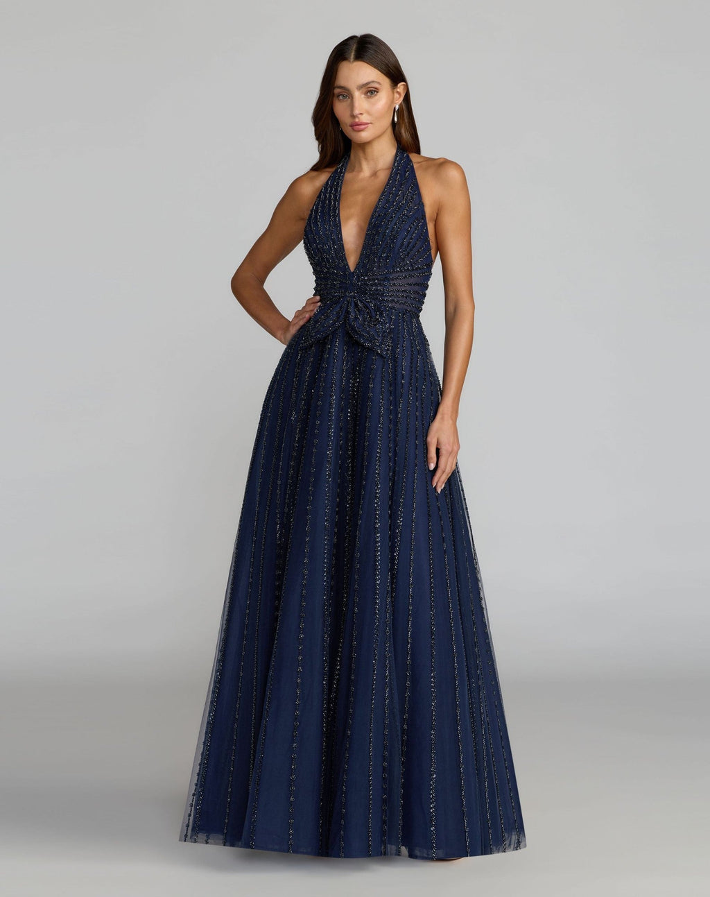 Navy Beaded Halter Neck Open Back A-Line Gown