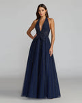 Navy Beaded Halter Neck Open Back A-Line Gown