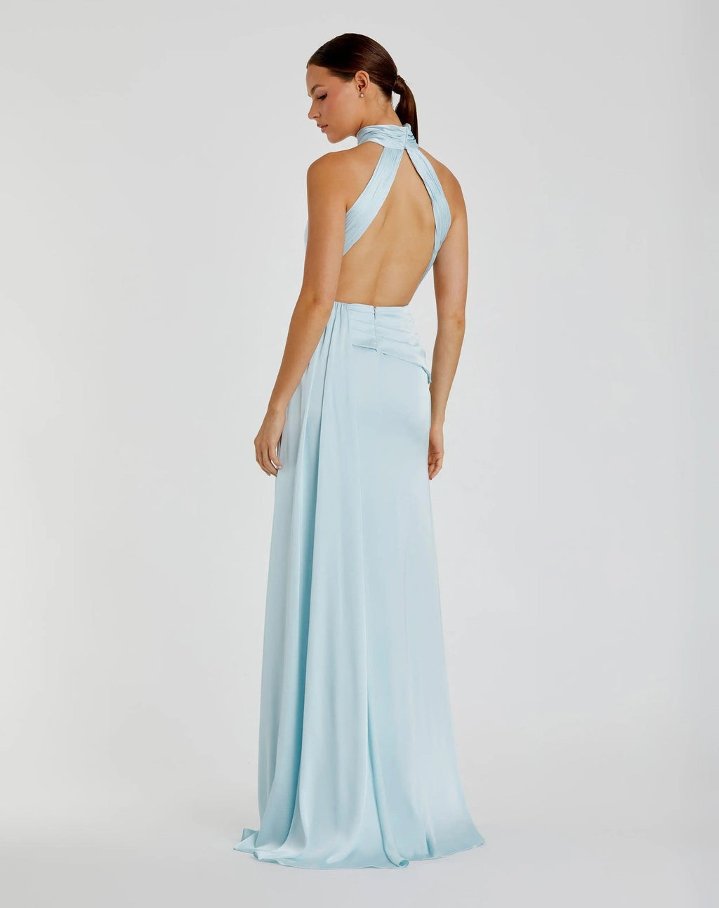 Powder Blue Sleeveless Open Back Satin Gown