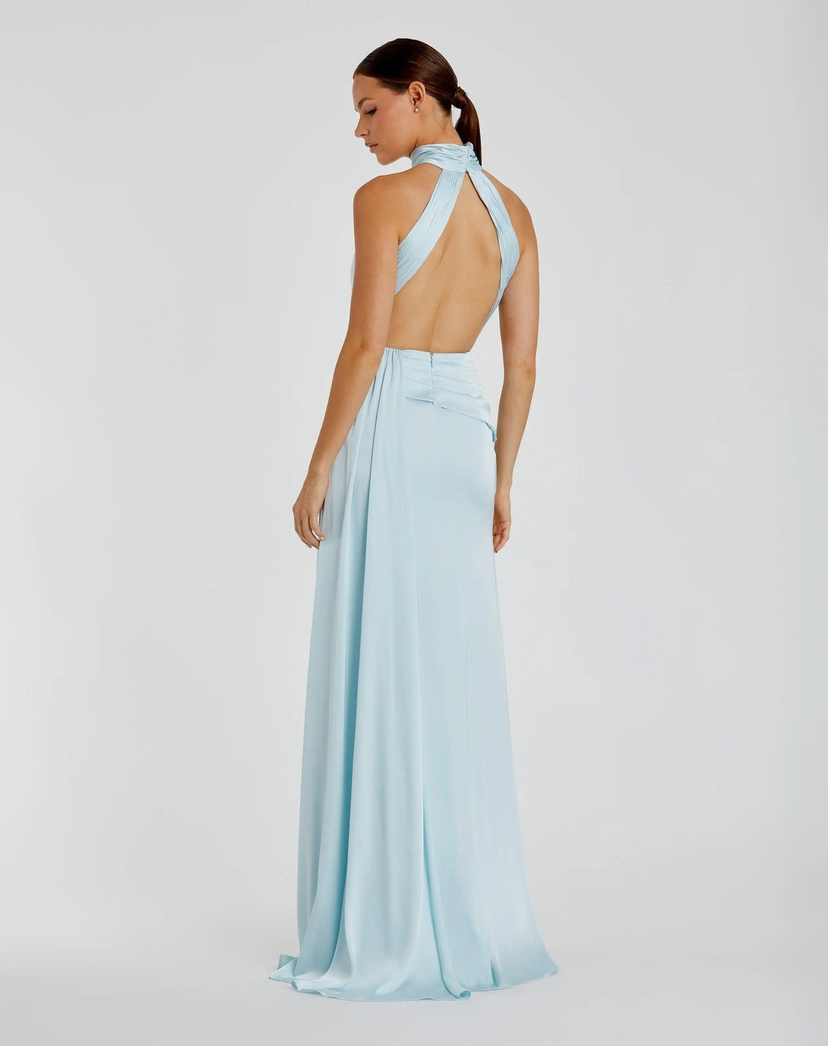 Powder Blue Sleeveless Open Back Satin Gown