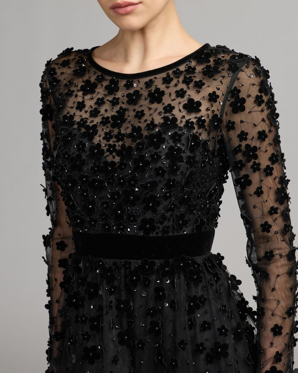 Black Velvet Floral Appliqué Midi Dress
